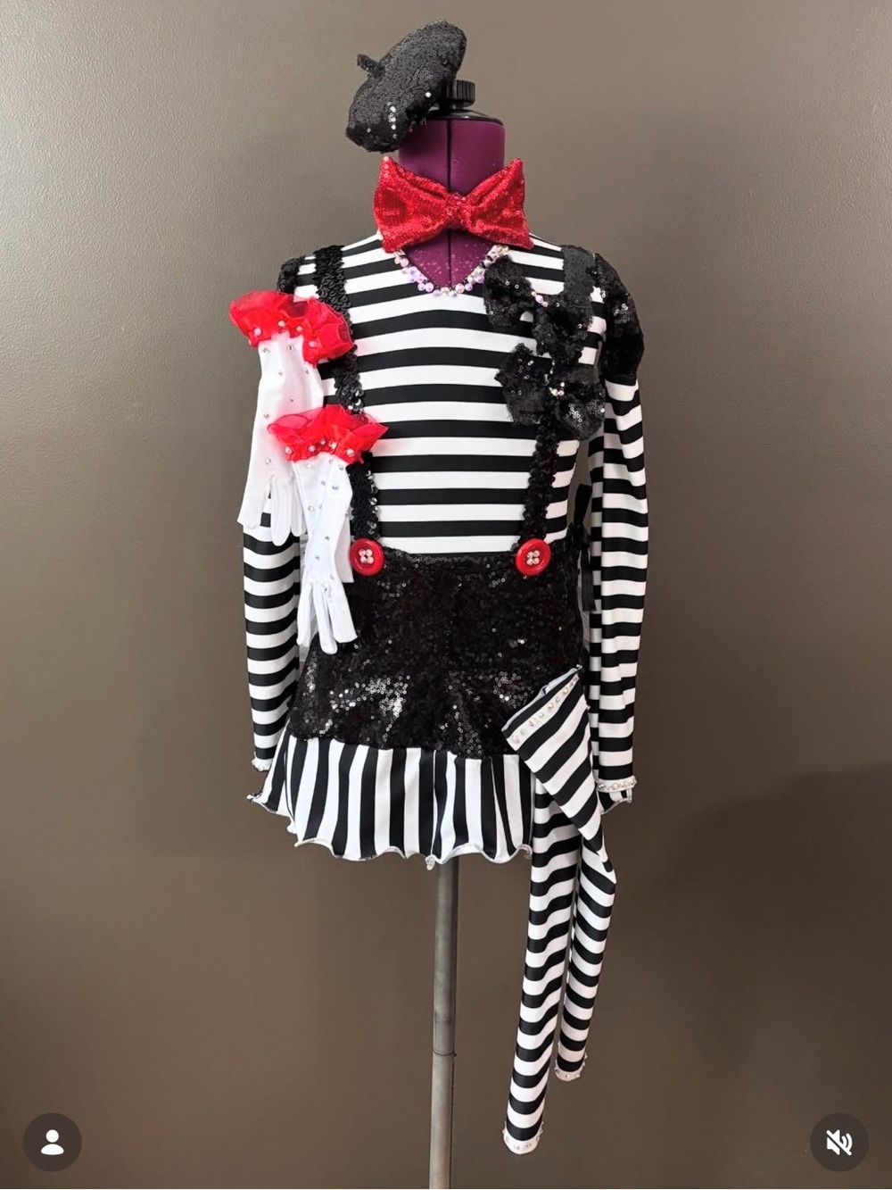 Black & White Striped Mime Kids Costume with Red Accents
